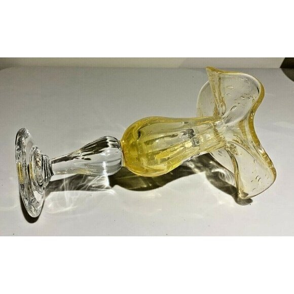 VTG Saba Bio French Art Glass Candlestick 7" Bubble Clear Yellow Open Flower 7" - Picture 6 of 15